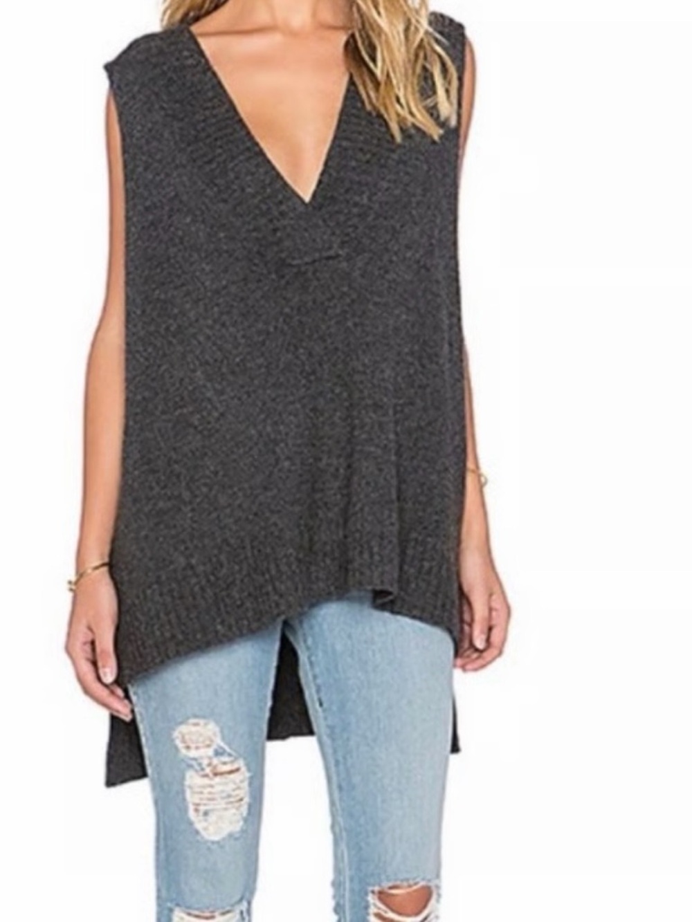Free People Charcoal V-Neck Sleeveless Knit Tunic wool Top